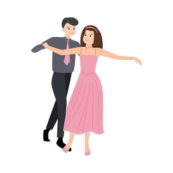 Dansande par i en skjorta med slips och tjej i en lång rosa klänning. Vektor illustration i platt tecknad stil. — Stock vektor