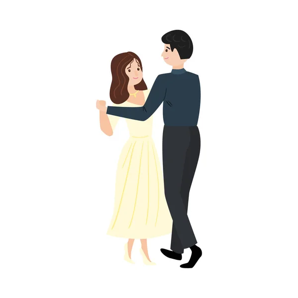 Pareja bailarina de morena elegante hombre y chica en un vestido largo amarillo. Ilustración vectorial en estilo plano de dibujos animados . — Archivo Imágenes Vectoriales