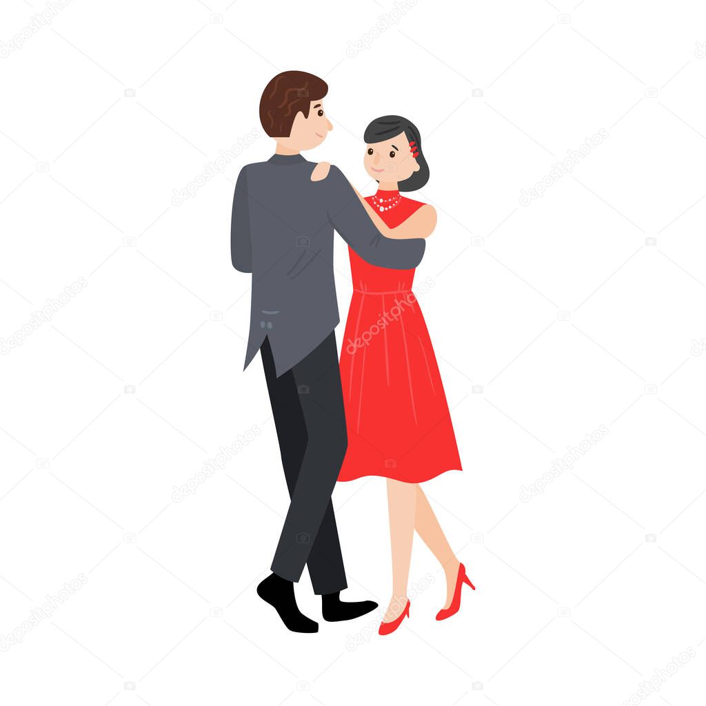 Dancing pair of man in elegant costume and girl in a red dress. Vector illustration in flat cartoon style.