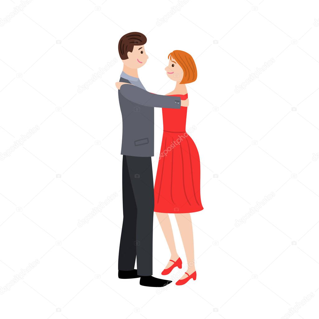 Smiling dancing pair of man in elegant costume and girl in a red dress. Vector illustration in flat cartoon style.