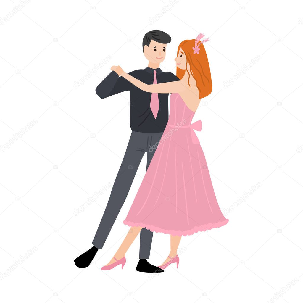 Dancing pair of man in a shirt with a tie and red-haired girl in a long pink dress. Vector illustration in flat cartoon style.