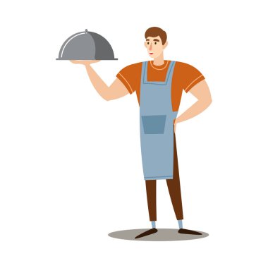 Önlüklü bir adam ızgara ızgara vektör illüstrasyonuyla yemek tutuyor.