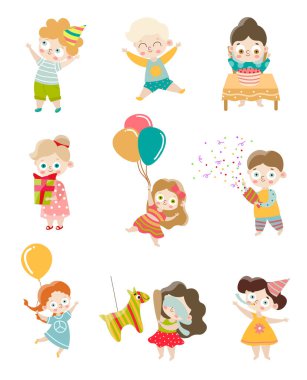 Bir grup çocuk doğum günü partisinde eğleniyor ve kutluyor. Çizgi film tarzında vektör illüstrasyonu.