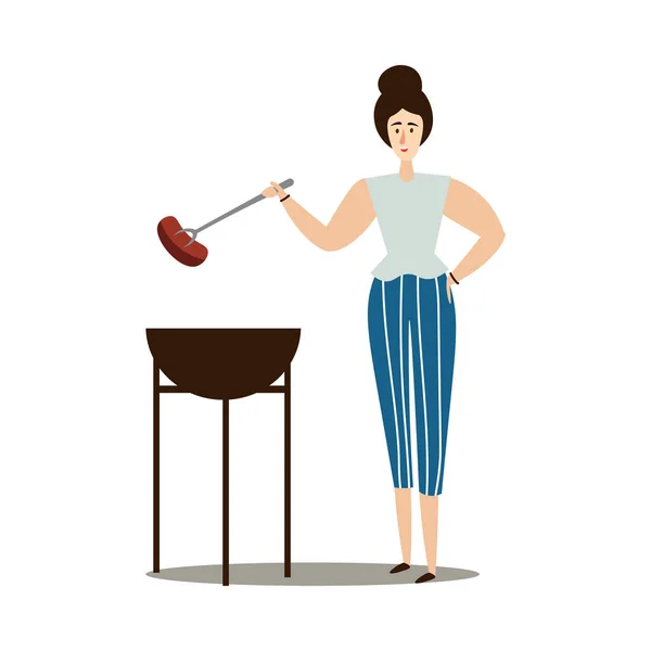 Молодая женщина жарит колбасу на гриле с векторной иллюстрацией — стоковый вектор
