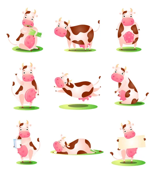 Conjunto de divertidas vacas animales personajes en la ilustración vector hierba — Archivo Imágenes Vectoriales