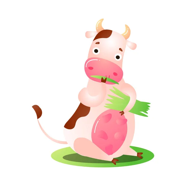 Divertido animal de vaca rosa comer hierba vector ilustración — Archivo Imágenes Vectoriales