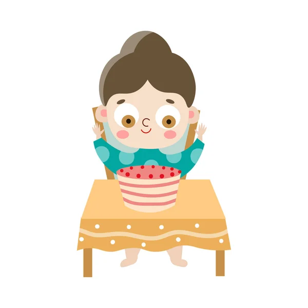 Uma linda menina de cabelos escuros feliz na mesa com um bolo festivo. Ilustração vetorial em estilo de desenho animado plano . — Vetor de Stock