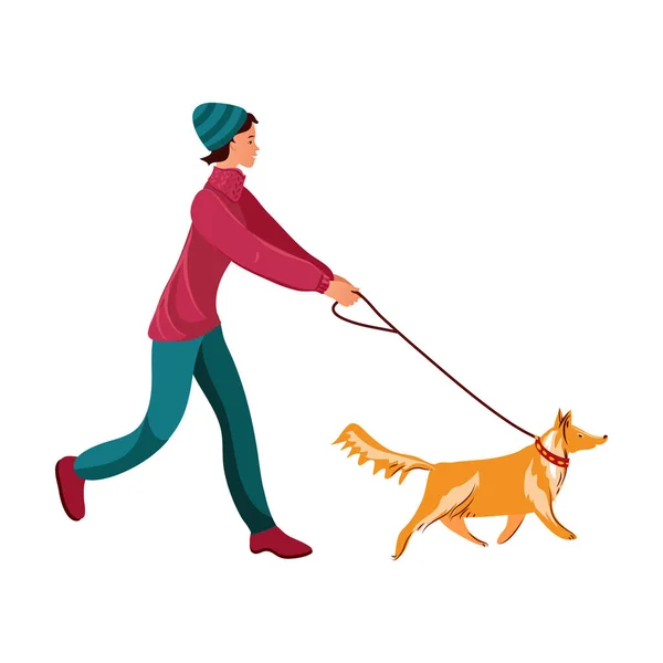 Chica caminando su collie rojo perro vector ilustración — Vector de stock