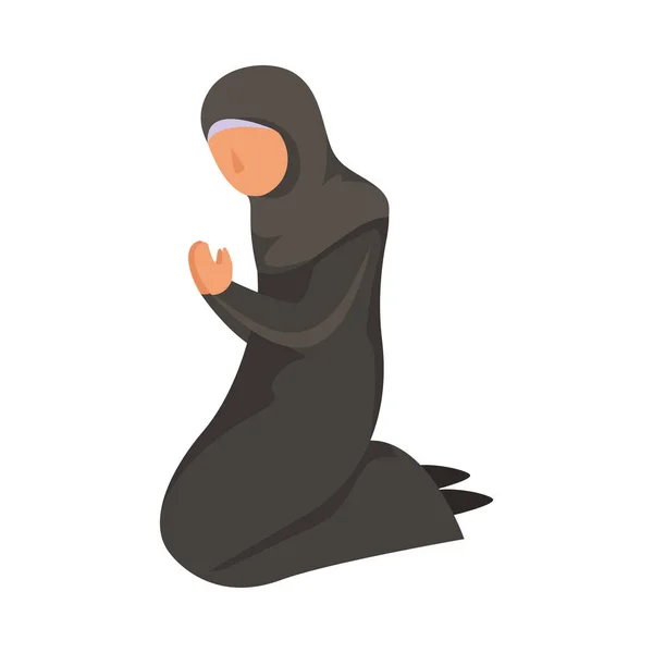 Female Muslim prays in a traditional ethnic black hijab. Vector illustration in flat cartoon style. — Stock Vector