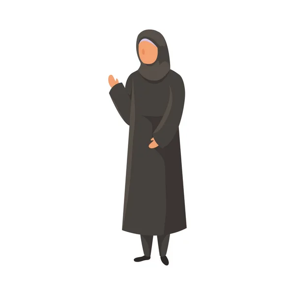 Femme musulmane dans un hijab ethnique traditionnel noir avec la main droite levée. Illustration vectorielle en style dessin animé plat . — Image vectorielle