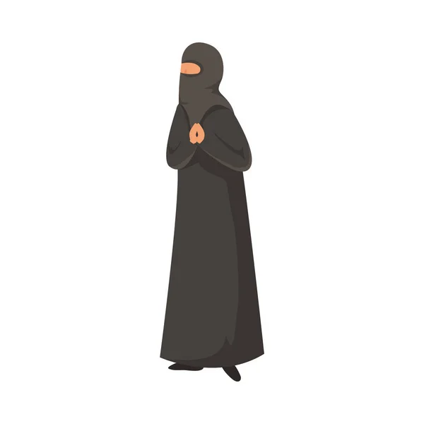 Kvinnlig muslim i en traditionell etnisk svart niqab. Vektor illustration i platt tecknad stil. — Stock vektor