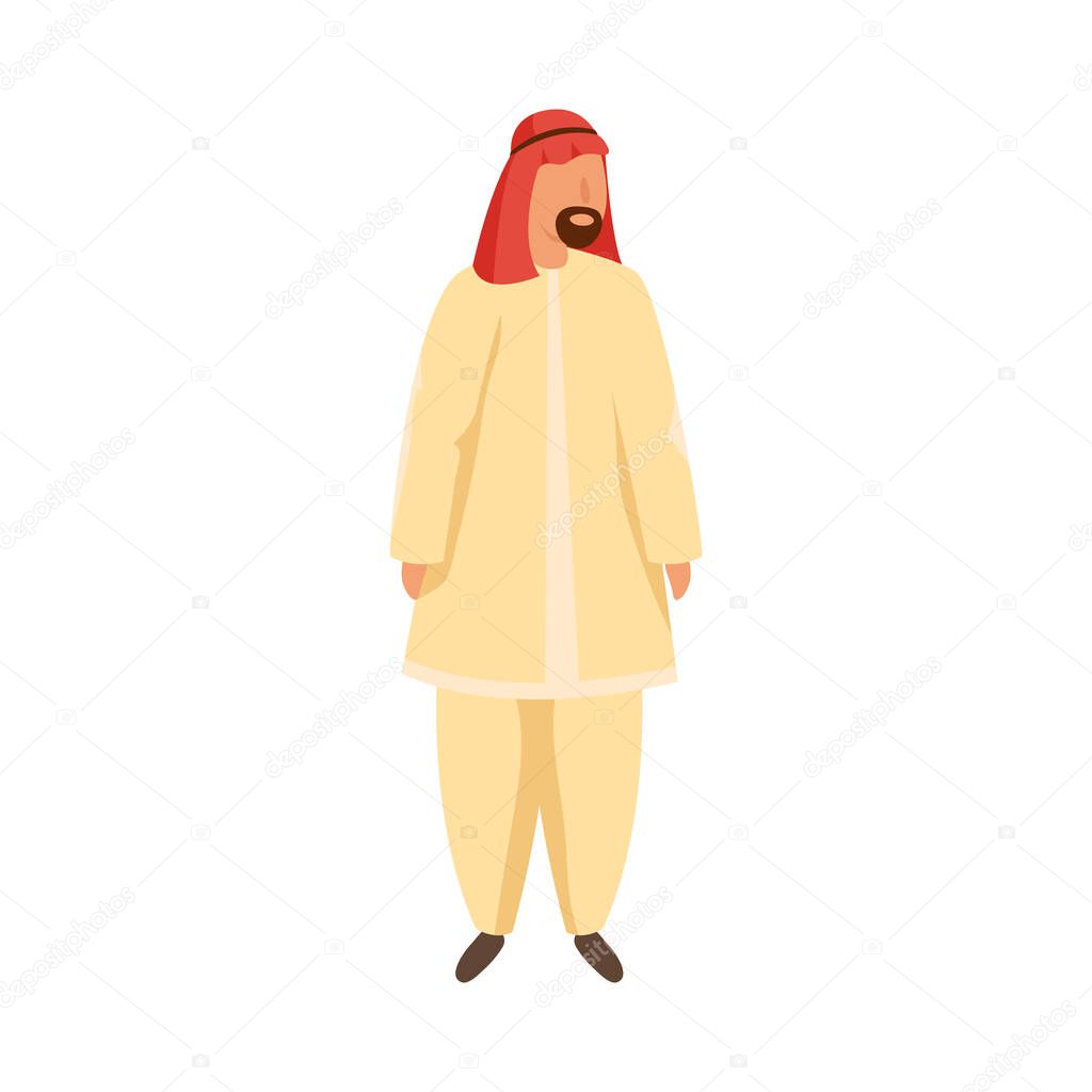 Arab man in traditional ethnic wearing a red gutra . Vector illustration in flat cartoon style