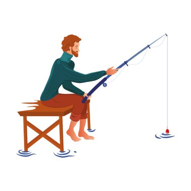 Kazaklı sakallı bir balıkçı oltayla balık tutar. Çizgi film tarzında vektör illüstrasyonu.