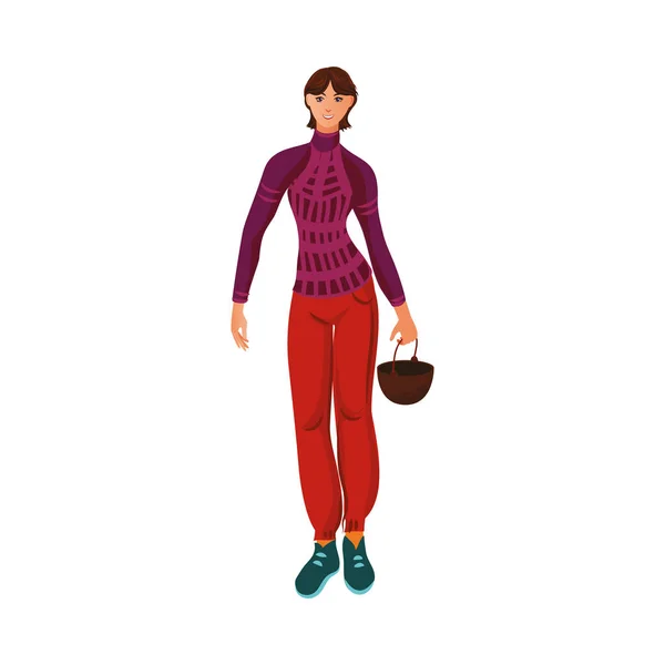 Brunhårig husbil flicka i tröjan står med en kittel. Vektor illustration i platt tecknad stil. — Stock vektor
