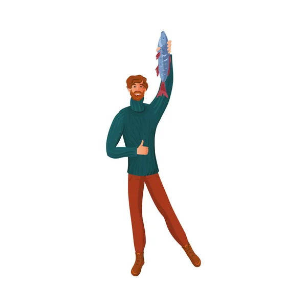 Pescador barbudo feliz no suéter mostra peixes capturados e mostrando os polegares para cima. Ilustração vetorial em estilo de desenho animado plano . — Vetor de Stock