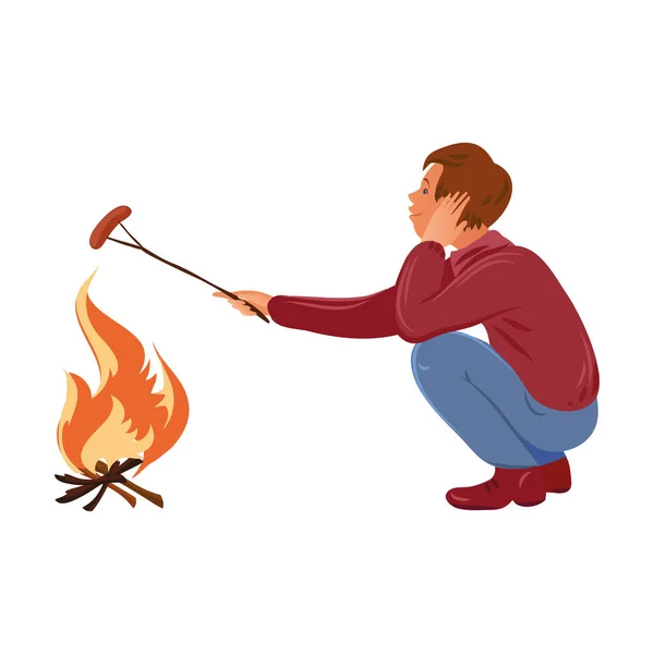 Braunhaariger Camper-Junge im Pullover, der über dem Lagerfeuer Wurst brutzelt. Vektorillustration im flachen Cartoon-Stil. — Stockvektor