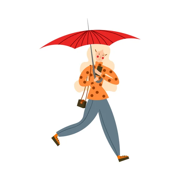 Linda chica de pelo rubio corriendo con el paraguas. Ilustración vectorial en estilo plano de dibujos animados . — Vector de stock