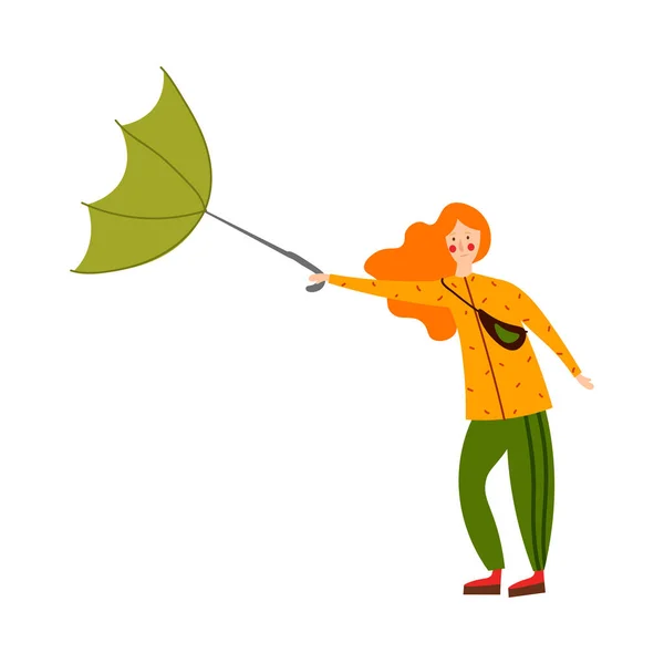 Söt rödhårig tjej som står med omvälvningar i vindparaplyet. Vektor illustration i platt tecknad stil. — Stock vektor