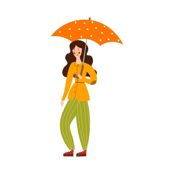 Cute dark-haired woman standing with umbrella. Vector illustration in flat cartoon style. — Stock Vector