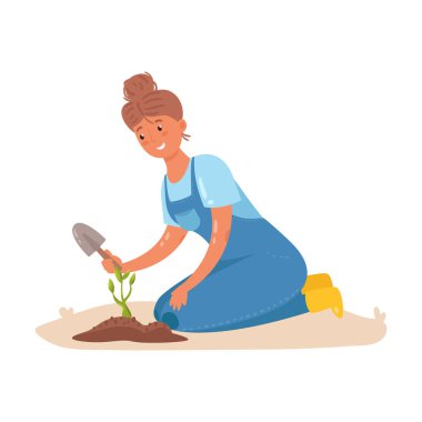 Diz çöküp oturan çiftçi kız küçük bir kürekle tohum ekiyor. Çizgi film tarzında vektör illüstrasyonu.