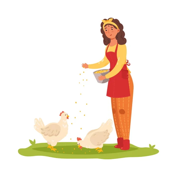 Niña granjera alimentando gallinas. Ilustración vectorial en estilo plano de dibujos animados . — Vector de stock