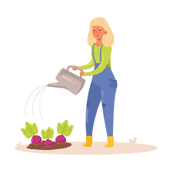 Bäuerin gießt Pflanzen mit der Gießkanne. Vektorillustration im flachen Cartoon-Stil. — Stockvektor