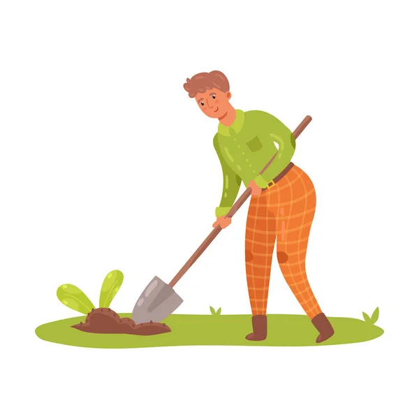 Agricultor cavando com uma grande pá no jardim. Ilustração vetorial em estilo de desenho animado plano . — Vetor de Stock