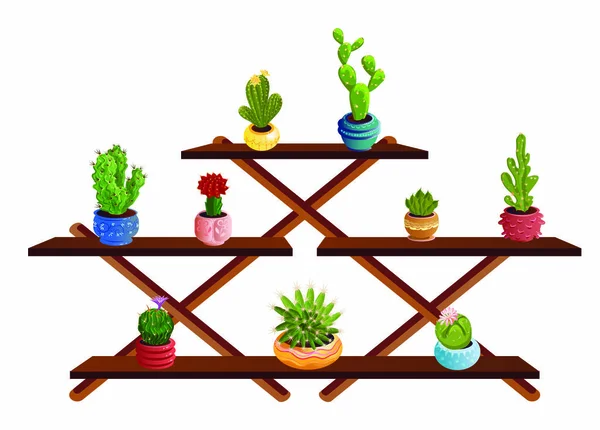 Stand de cactus decorativos en macetas con espinas y flores florecientes. Ilustración de conjunto vectorial en estilo plano de dibujos animados . — Vector de stock