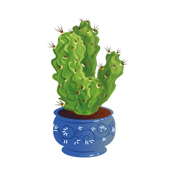 Cactus verde decorativo con espinas en una olla azul. Ilustración vectorial en estilo plano de dibujos animados . — Vector de stock