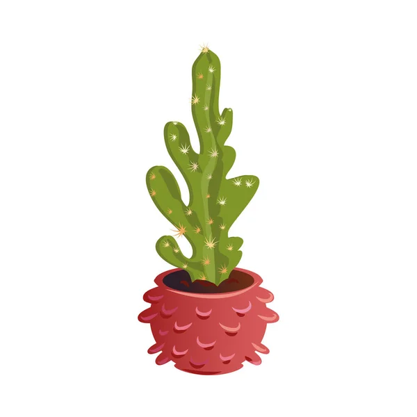 Cactus verde decorativo con espinas en una olla roja. Ilustración vectorial en estilo plano de dibujos animados . — Vector de stock