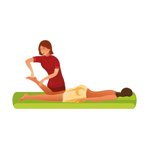 Massagista sorridente de pé e fazendo massagem de pés ilustração vetorial — Vetor de Stock