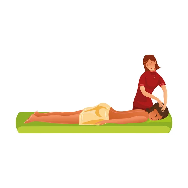 Glimlachende masseur staan en het maken van massage van hoofd vector illustratie — Stockvector