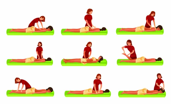 Set van vrouwen masseurs maken massage voor meisje vector illustratie — Stockvector