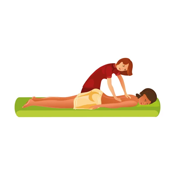 Vrouw masseur het maken van massage van rug voor meisje vector illustratie — Stockvector