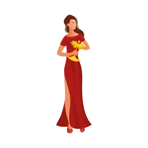 Mujer en vestido rojo sosteniendo oro victoria taza vector ilustración — Vector de stock