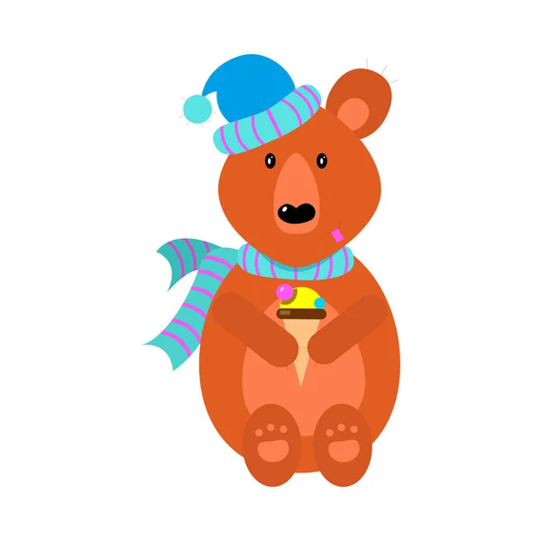 Bonito oso marrón en bufanda y sombrero sentado con helado. Ilustración vectorial aislada sobre fondo blanco — Vector de stock
