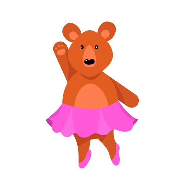 Una chica de oso lindo humanizado en falda rosa está de pie con su brazo levantado. Ilustración vectorial aislada sobre fondo blanco — Vector de stock