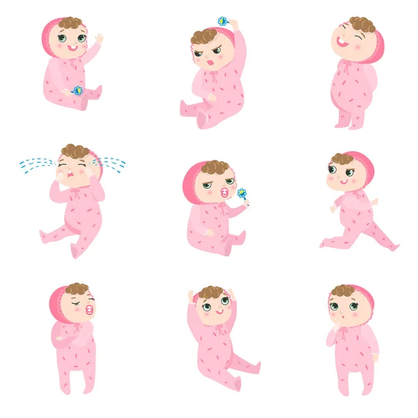 Set eines niedlichen Babys in rosa Pyjama mit unterschiedlichen Emotionen und Situationen. Vektorillustration im flachen Cartoon-Stil. — Stockvektor