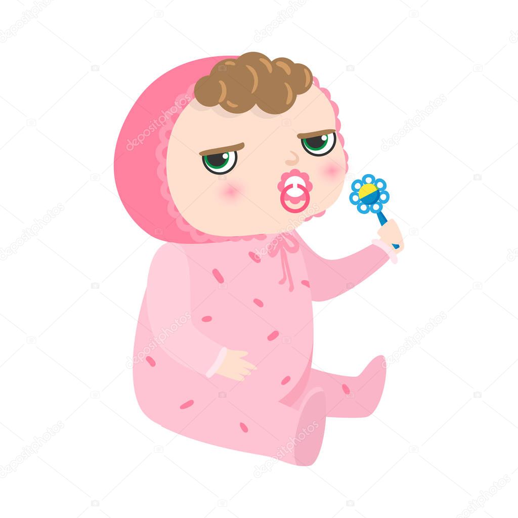 Serious kinky-haired baby with pacifier sitting in pink pajama holding a rattle. Vector illustration in flat cartoon style.