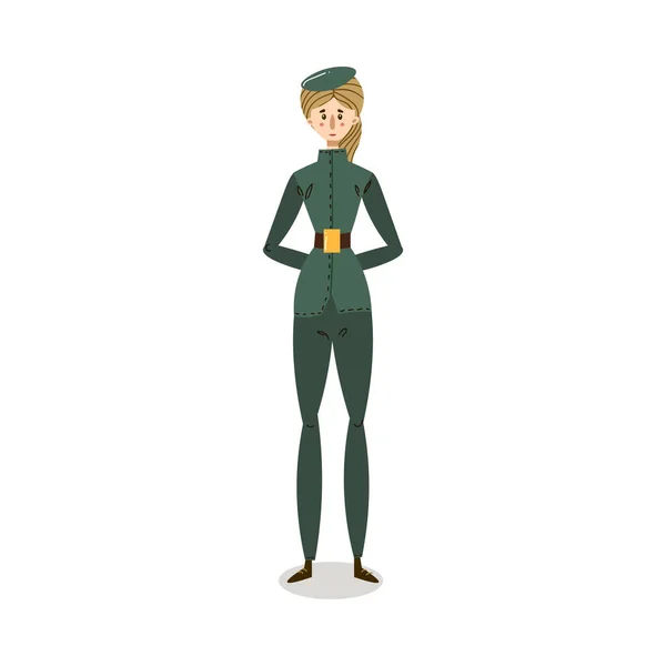 Zarif yeşil askeri üniformalı kadın çizimi. — Stok Vektör