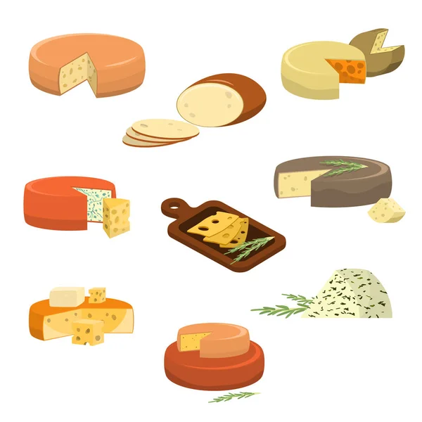 Conjunto de diferentes tipos de queijos frescos ilustração vetorial — Vetor de Stock