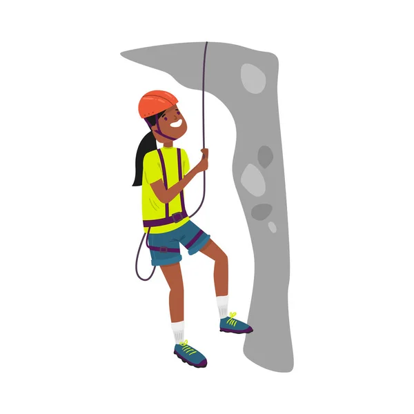 Lány alpinista sportruházat és sisak hegymászó vektor illusztráció — Stock Vector
