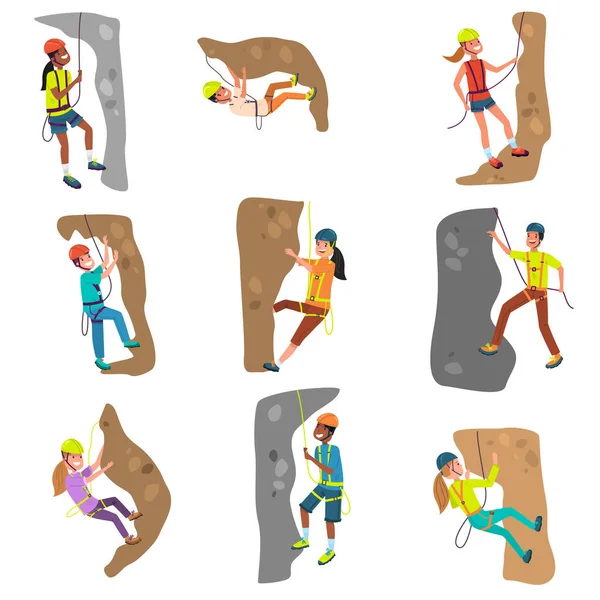 Sada dívek a chlapců alpinisté lezení kopce vektorové ilustrace — Stockový vektor