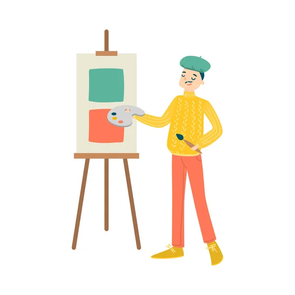 Muž ve svetru a čepici kreslení na stojanu vektorové ilustrace — Stockový vektor