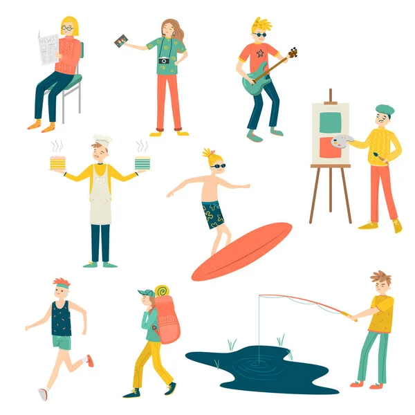 Set of girls and boys doing their hobbies vector illustration — ストックベクタ