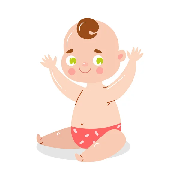 Bonito bebê sorridente feliz em cuecas vermelhas sentado com as mãos levantadas. Ilustração vetorial em estilo de desenho animado plano . — Vetor de Stock