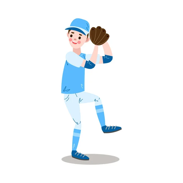 El adolescente juega béisbol con un uniforme azul preparándose para lanzar la pelota. Ilustración vectorial en el estilo plano de dibujos animados . — Archivo Imágenes Vectoriales