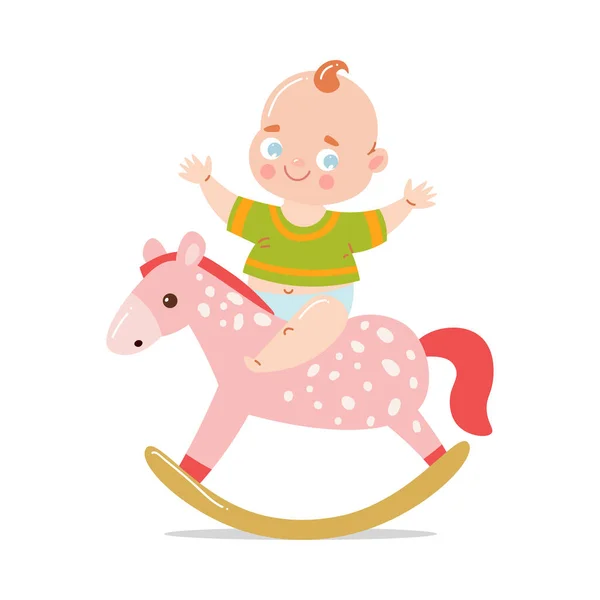 穿着绿色T恤骑着玩具木马的可爱的笑脸婴儿。 平面卡通风格的矢量插图. — 图库矢量图片
