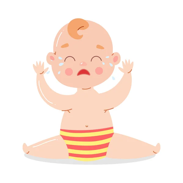 Bébé mignon en slip rayé assis et pleurant. Illustration vectorielle en style dessin animé plat . — Image vectorielle