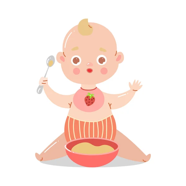 Cute baby in striped red underpants sitting with a bowl of porridge and holding a spoon with raised hands. Vector illustration in flat cartoon style. — ストックベクタ